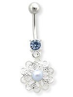 Украшение в пупок 14g 7/16" Light Blue Jewel with Pearl-Centered Doily Dangle - фото 11354