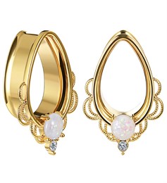 Тоннели из стали капельки золотистые с опалом EK0633-GD-WHCL